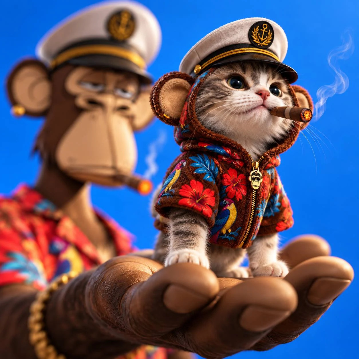 APECAT standing in the hand of an ape wearing a matching tropical suit