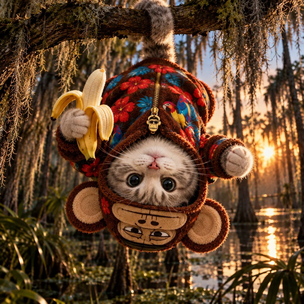 APECAT hanging upside down in the jungle with a banana