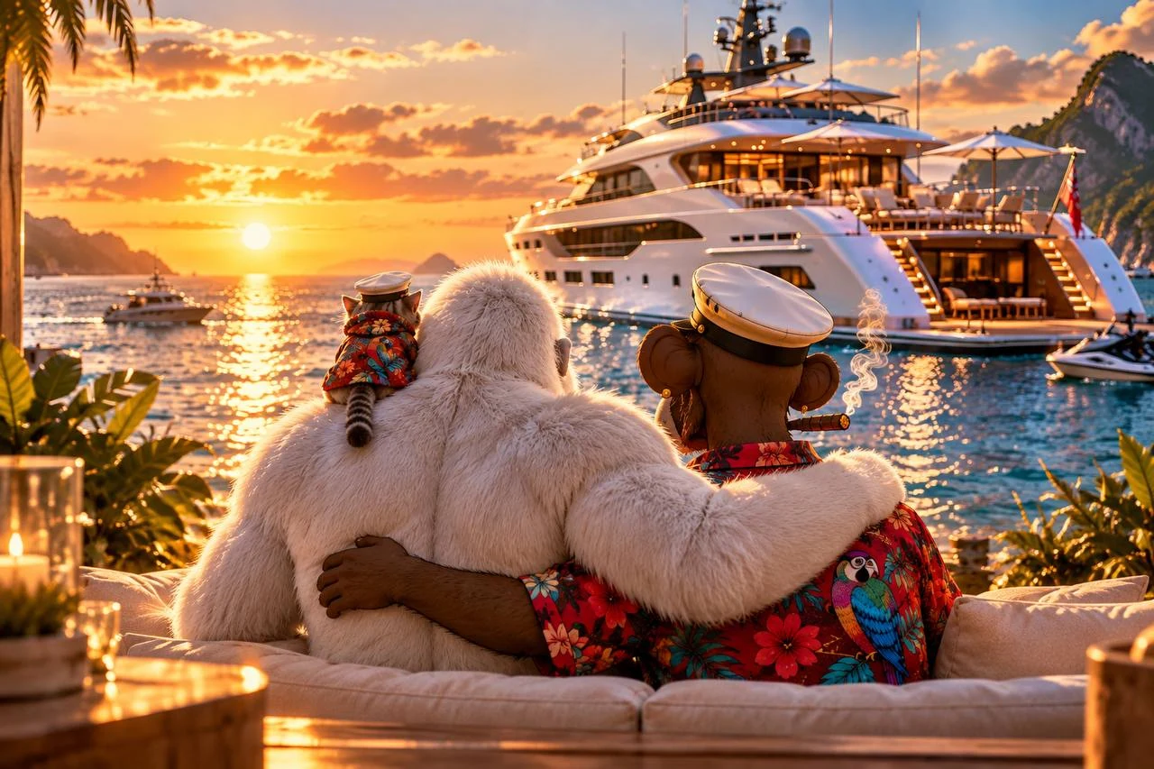APECAT sitting with two apes overlooking a yacht at sunset